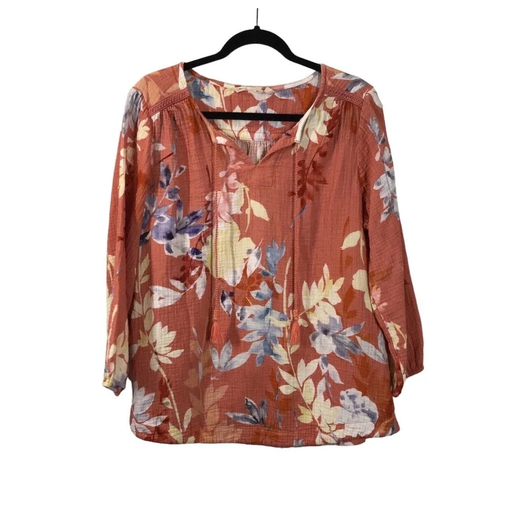 Soft Surrounding Women's Floral Peasant Top Size PL Orange 3/4 Sleeve Tassel